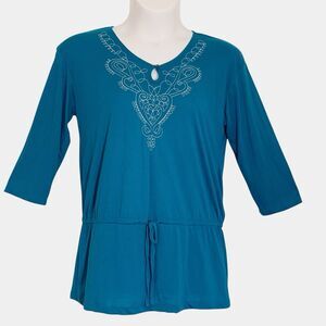 White Stag Tunic Top Womens Sz Large Teal Green 3/4 Sleeve Tie Waist Embroidered